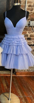 A Line V Neck Multi-Tiered Short Prom Dresses Light Pink Cocktail Dress Short