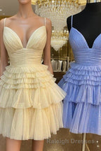 A Line V Neck Multi-Tiered Short Prom Dresses Light Pink Cocktail Dress Short