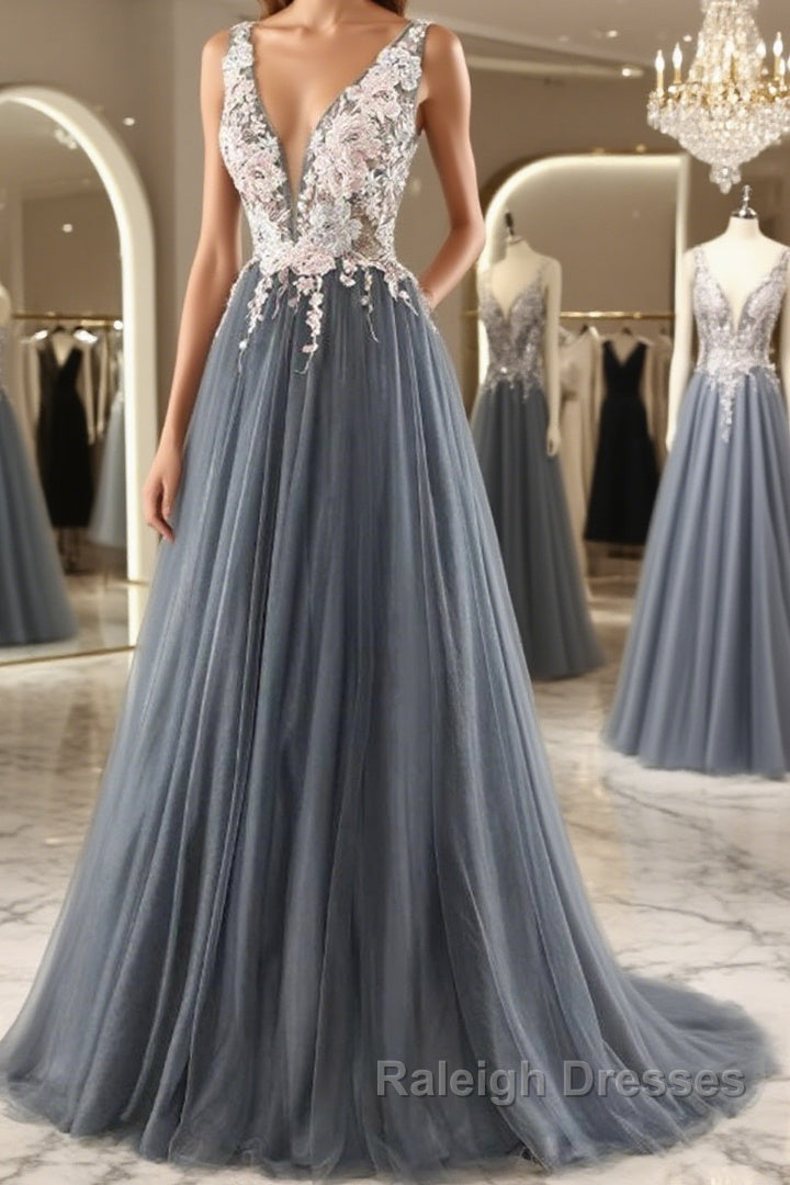 A Line V Neck Open Back Appliques Gray Long Prom Dresses, V Neck Grey Formal Dresses, Gray Evening Dresses Main image