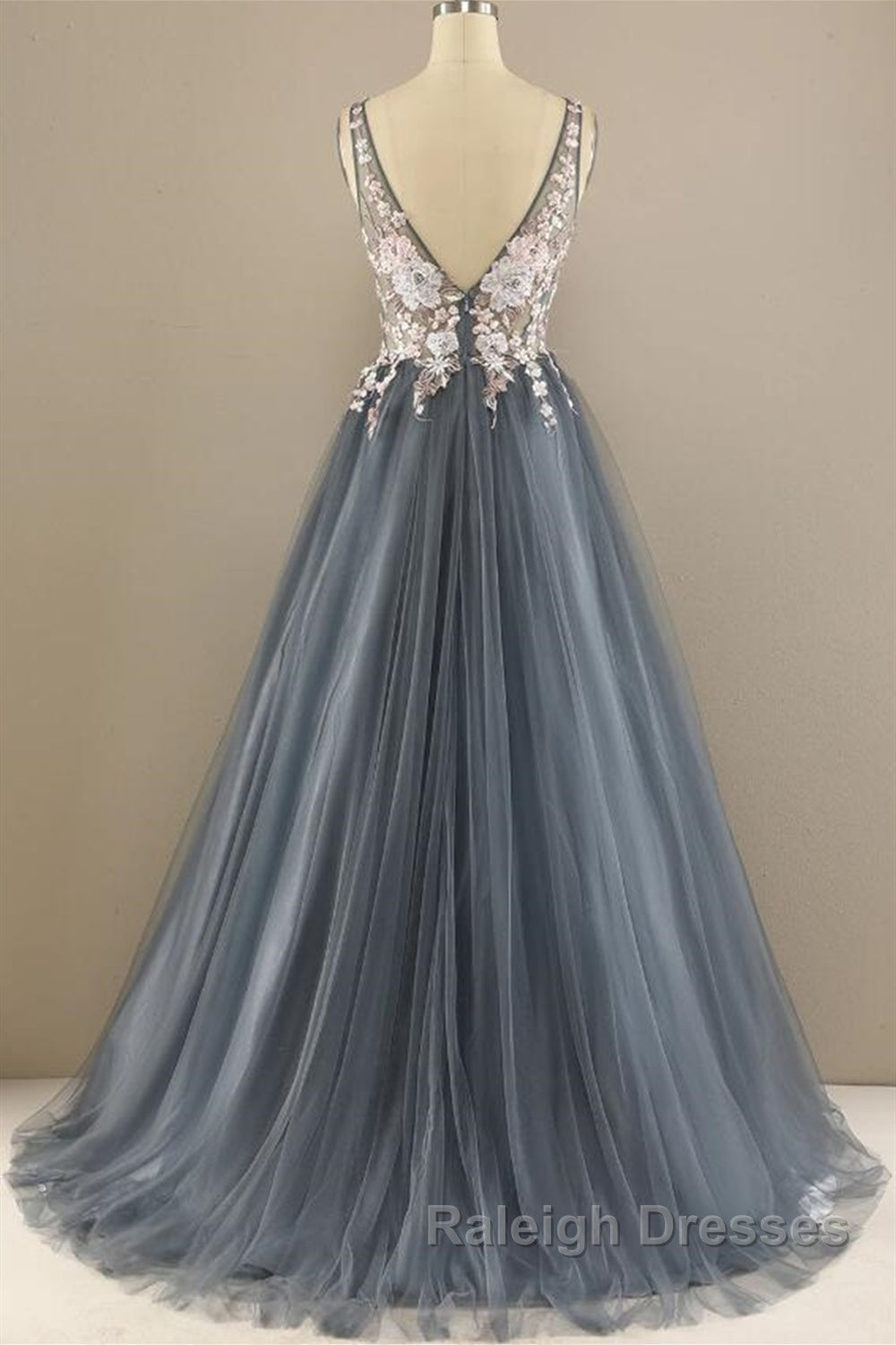 A Line V Neck Open Back Appliques Gray Long Prom Dresses, V Neck Grey Formal Dresses, Gray Evening Dresses Secondary image