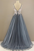 A Line V Neck Open Back Appliques Gray Long Prom Dress V Neck Grey Prom Dress Gray Prom Dress