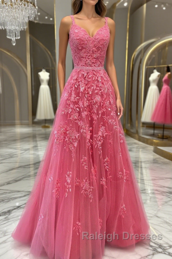 A Line V Neck Open Back Beaded Hot Pink Lace Long Prom Dresses, Hot Pink Lace Formal Graduation Evening Dresses Main image