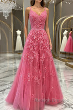 A Line V Neck Open Back Beaded Hot Pink Lace Long Prom Dress Hot Pink Lace Prom Graduation Prom Dress