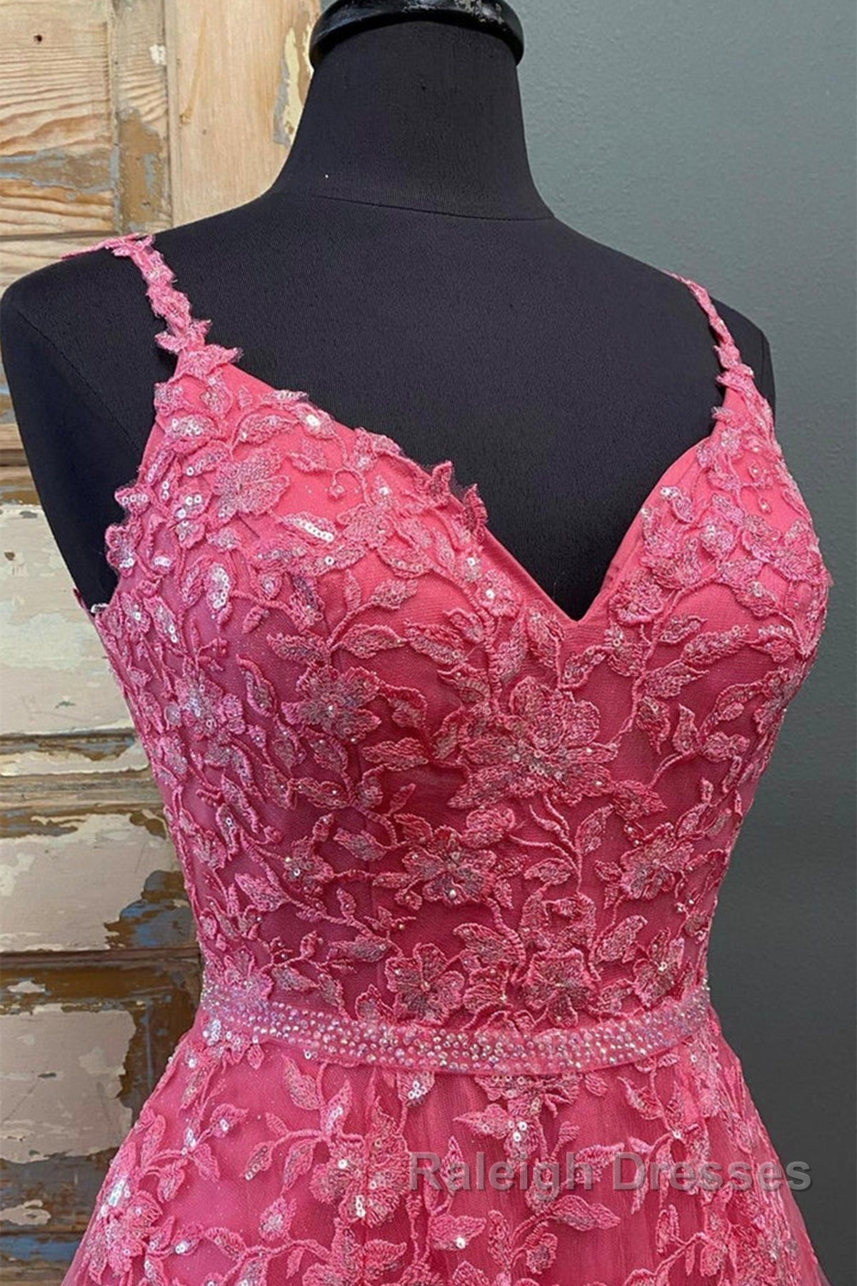 A Line V Neck Open Back Beaded Hot Pink Lace Long Prom Dresses, Hot Pink Lace Formal Graduation Evening Dresses Secondary image