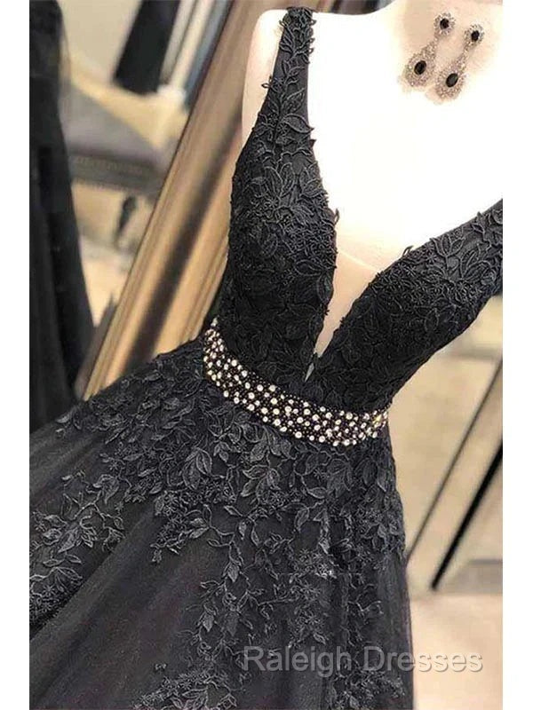 A-Line V-Neck Open Back Black Lace Prom Dresses Long Prom Dresses With Beading