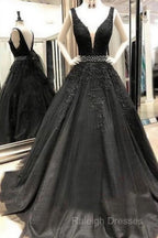 A-Line V-Neck Open Back Black Lace Long Prom Dress Evening Dress With Beading,