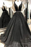 A-Line V-Neck Open Back Black Lace Prom Dresses Long Prom Dresses With Beading
