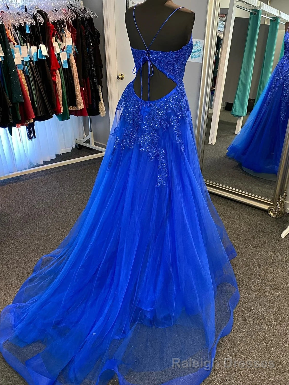 A-Line V Neck Open Back Blue Lace Prom Dress Long With Train Blue Lace Prom Dress Blue Prom Dress Secondary image