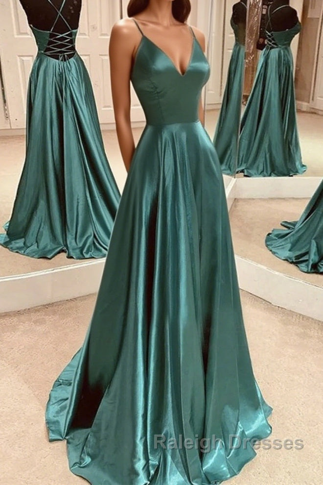 A Line V Neck Open Back Emerald Green Satin Long Prom Dress, Backless Emerald Green Formal Graduation Evening Dress