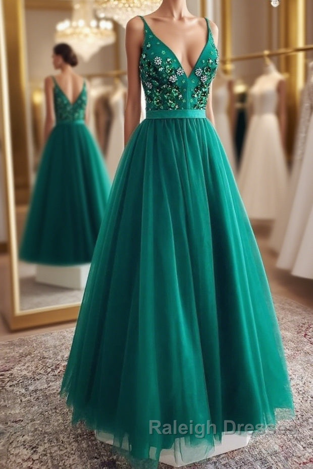 A Line V Neck Open Back Green Floral Long Prom Dresses, Open Back Green Formal Evening Dresses Main image