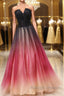 A Line V Neck Open Back Ombre Long Prom Dress, Backless Ombre Formal Graduation Evening Dress