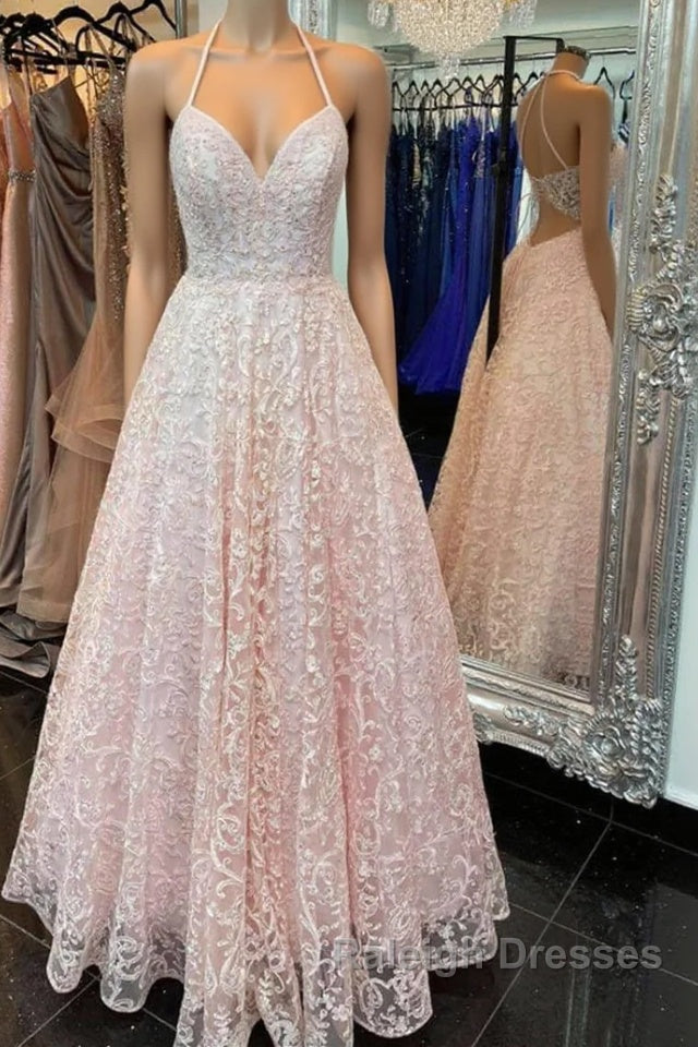 A Line V Neck Open Back Pink Lace Long Prom Dress, Pink Lace Formal Graduation Evening Dress Main image