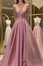 A Line V Neck Open Back Pink Satin Long Prom Dress Open Back Pink Prom Graduation Prom Dress