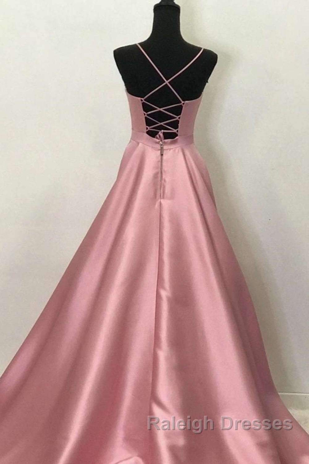 A Line V Neck Open Back Pink Satin Long Prom Dresses, Open Back Pink Formal Graduation Evening Dresses Secondary image