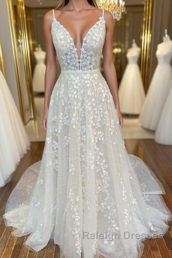 A Line V Neck Open Back White Lace Long Prom Dress, V Neck White Lace Formal Dress, White Lace Evening Dress Main image