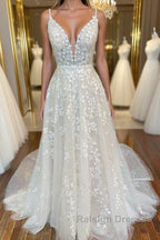 A Line V Neck Open Back White Lace Long Prom Dress, V Neck White Lace Formal Dress, White Lace Evening Dress