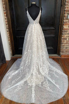 A-Line V Neck Open Back White Lace Long Prom Dresses V Neck White Lace Prom Dresses White Lace Prom Dresses A1502