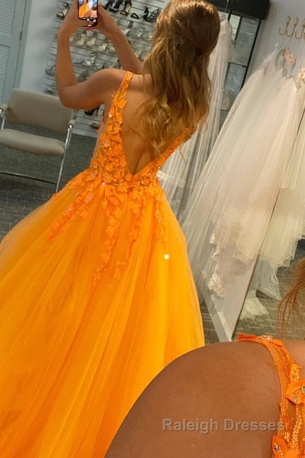 A Line V Neck Orange Prom Dress with Appliques Secondary image