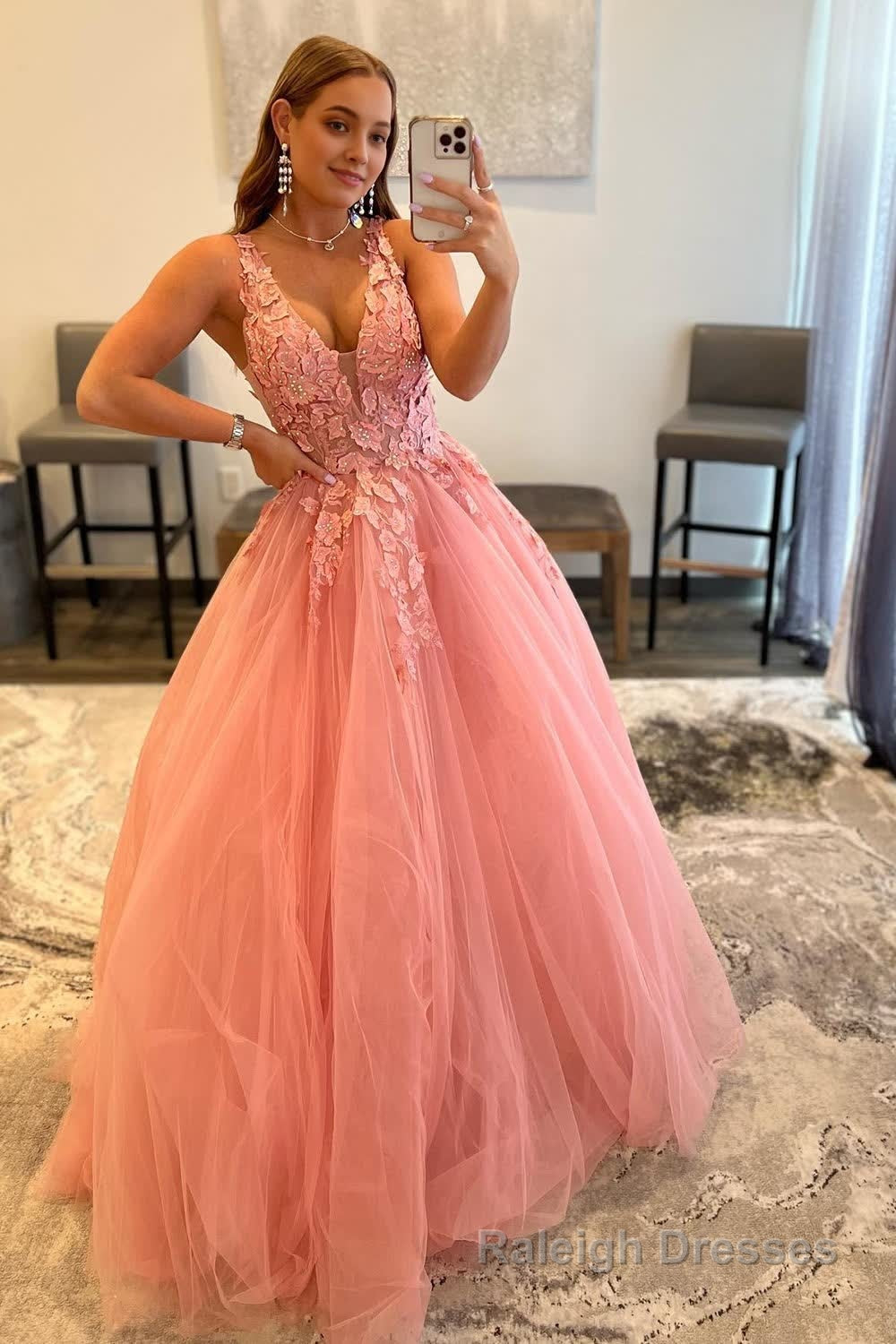 A Line V Neck Orange Prom Dress with Appliques