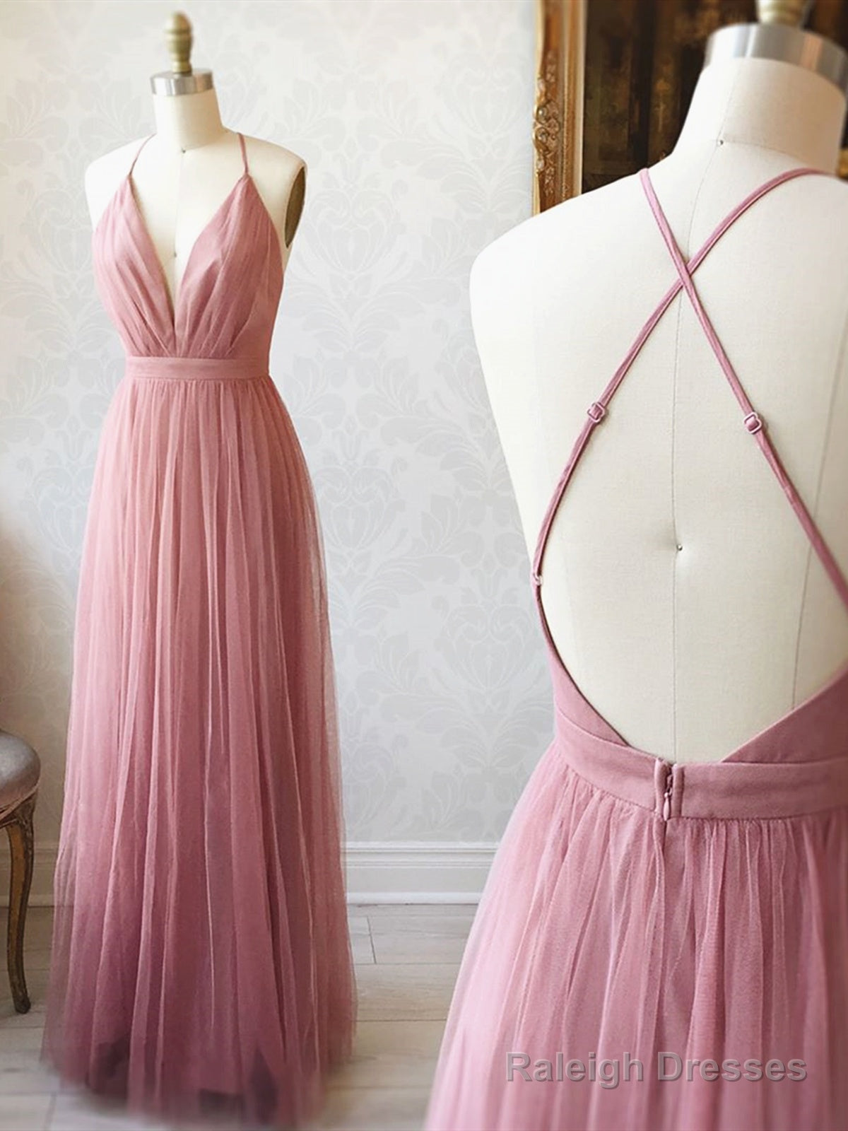 A Line V Neck Pink Backless Prom Dresses, V Neck Pink Backless Formal Evening Bridesmaid Dresses
