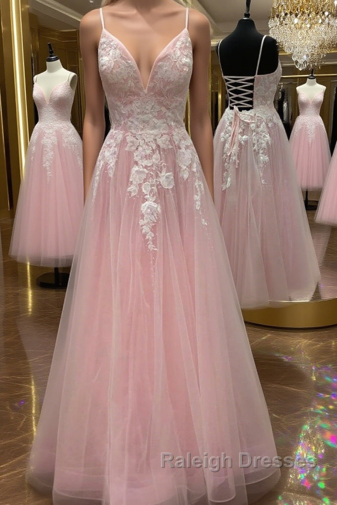 A Line V Neck Pink Lace Floral Long Prom Dress, Pink Lace Formal Dress, Pink Evening Dress Main image