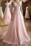 A Line V Neck Pink Lace Long Prom Dresses, Pink Lace Formal Graduation Evening Dresses