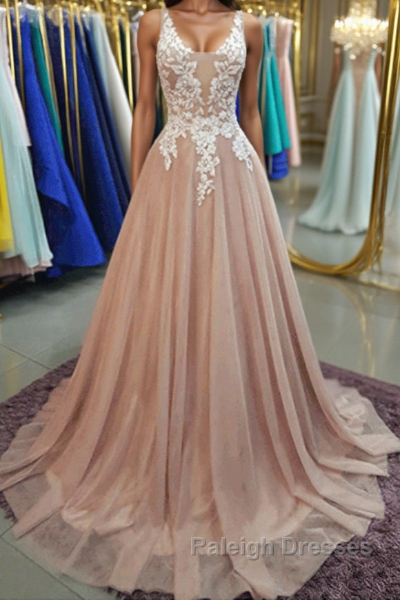 A Line V Neck Pink Lace Long Prom Dresses, V Neck Pink Formal Dresses, Pink Lace Evening Dresses Main image