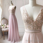 A-Line V Neck Pink Lace Prom Dress Long Pink Long Lace Prom Bridesmaid Dress