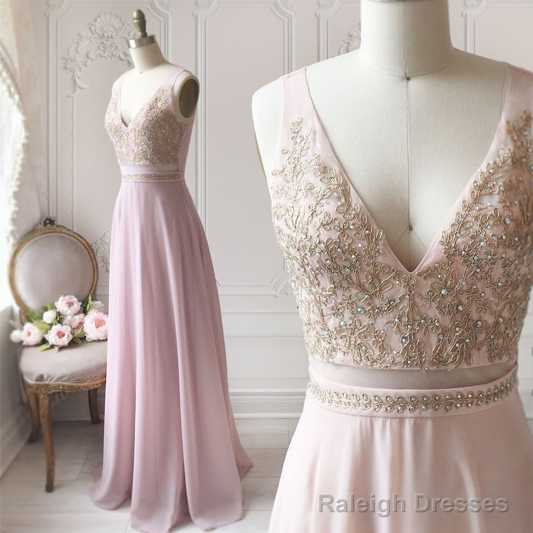 A-Line V Neck Pink Lace Prom Dress Long Pink Long Lace Prom Bridesmaid Dress