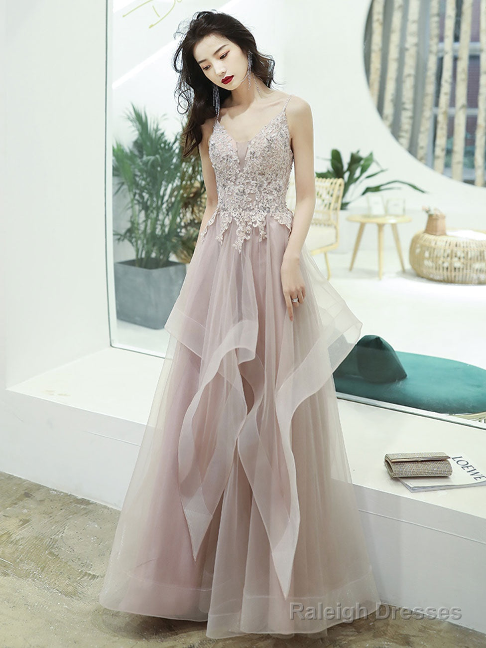 A-Line V Neck Pink Long Prom Dress, Pink Formal Graduation Dress With Lace Beading Main image