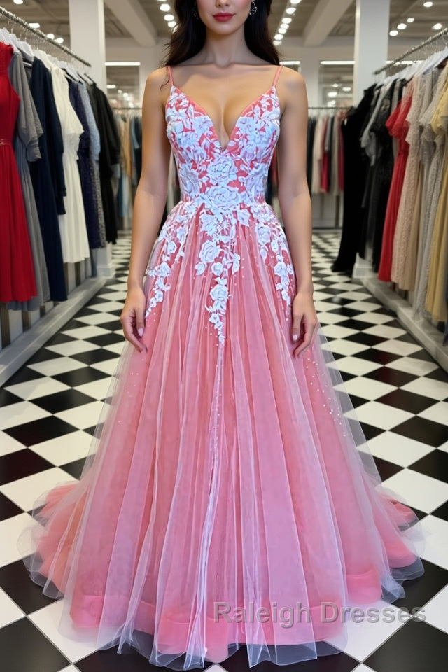 A Line V Neck Pink Prom Dresses Long with Lace Appliques V Neck Pink Prom Dresses Pink Prom Dresses Main image