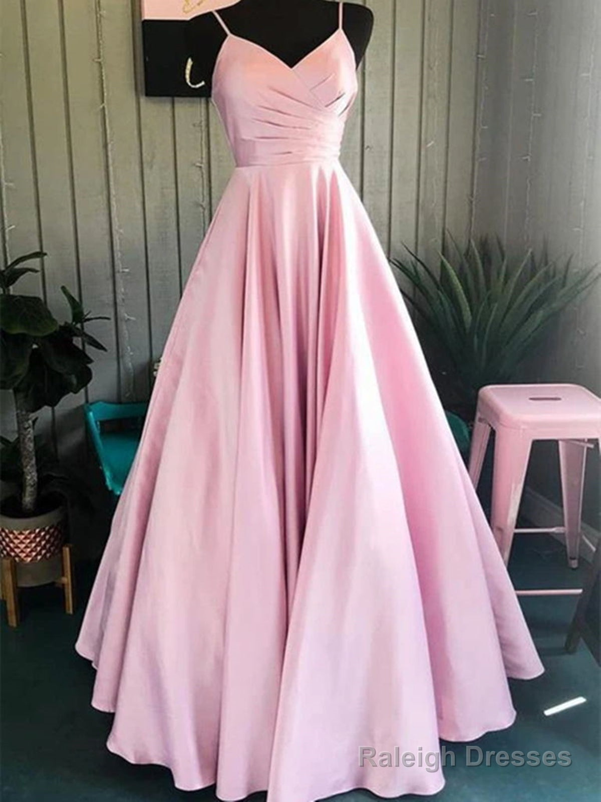 A Line V Neck Pink Spaghetti Straps Satin Long Prom Dresses, Pink Long Formal Evening Graduation Dresses Main image