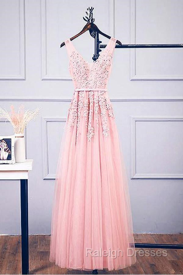 A-Line V Neck Pink Tulle Lace Applique Long Prom Dress Evening Dress Secondary image