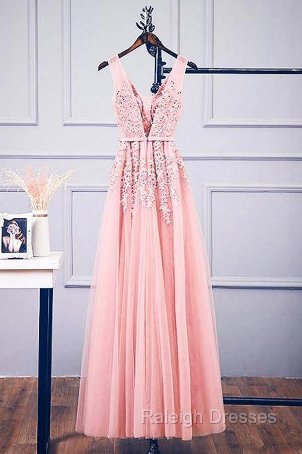 A-Line V Neck Pink Tulle Lace Applique Long Prom Dress Evening Dress