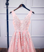 A-Line V Neck Pink Tulle Lace Applique Long Prom Dress Evening Dress