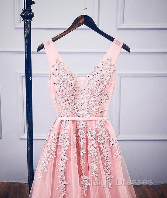 A-Line V Neck Pink Tulle Lace Applique Long Prom Dress Evening Dress