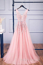 A-Line V Neck Pink Tulle Lace Applique Prom Dresses Long Prom Dresses