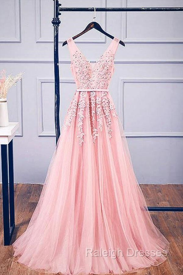 A-Line V Neck Pink Tulle Lace Applique Prom Dresses Long Prom Dresses