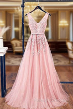 A-Line V Neck Pink Tulle Lace Applique Prom Dresses Long Prom Dresses