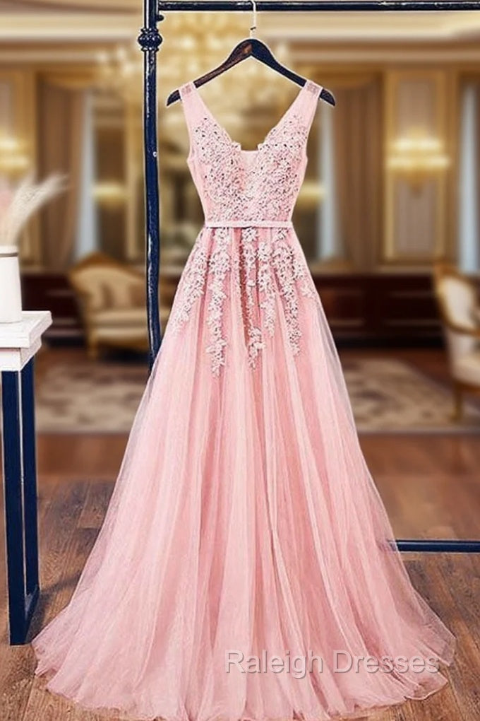 A-Line V Neck Pink Tulle Lace Applique Prom Dresses Long Prom Dresses
