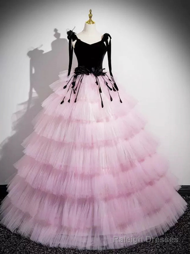 A-Line V Neck Pink Tulle Long Prom Dress, Pink Long Formal Dress Main image