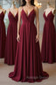 A Line V Neck Pleated Burgundy Long Prom Dress, V Neck Burgundy Long Evening Dress, Burgundy Graduation Dress, Formal Dress