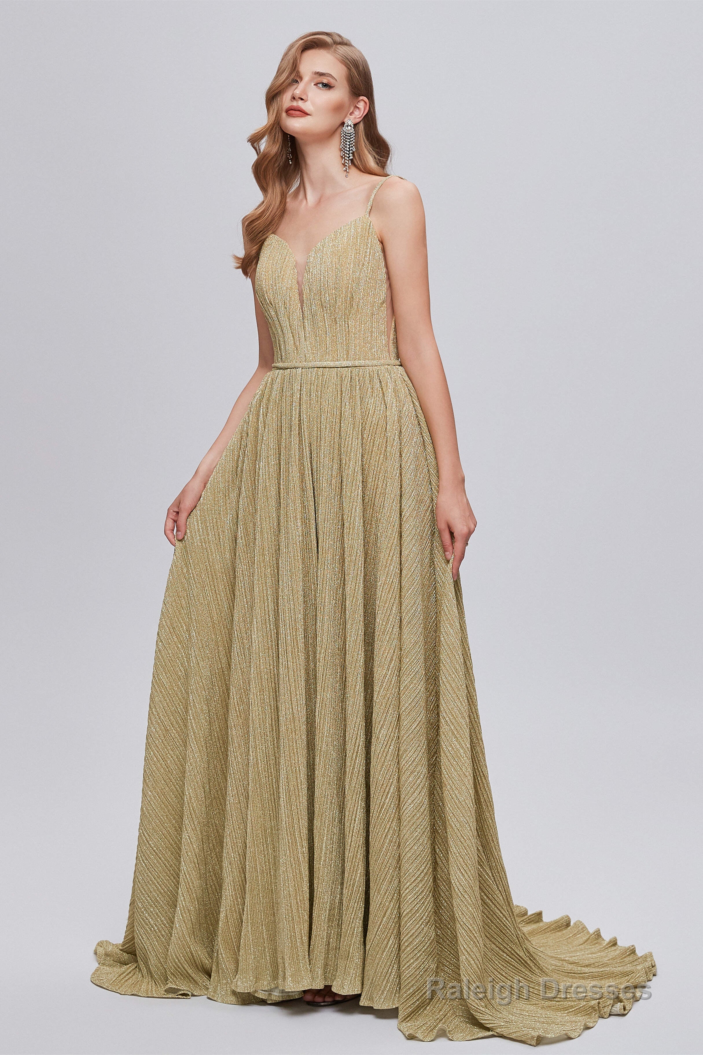 Pink Formal Dress, A-Line V-Neck Polyester With Train Sash Formal Party Dresses