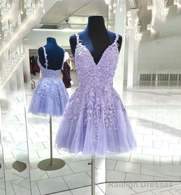 A Line V Neck Purple Homecoming Dress Cheap Lace Short Graduation Dress Secondary image