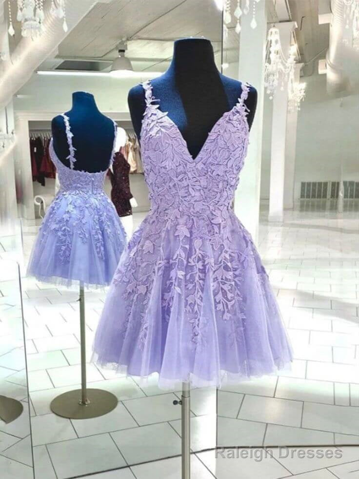 A Line V Neck Purple Homecoming Dress Cheap Lace Short Graduation Dress Main image
