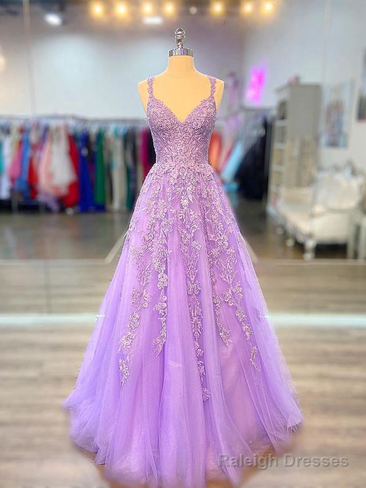 A Line V Neck Purple Lace Prom Dresses, Purple Lace Formal Evening Dresses Main image