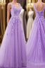 A Line V Neck Purple Lace Prom Dresses, Purple Lace Long Formal Bridesmaid Dresses