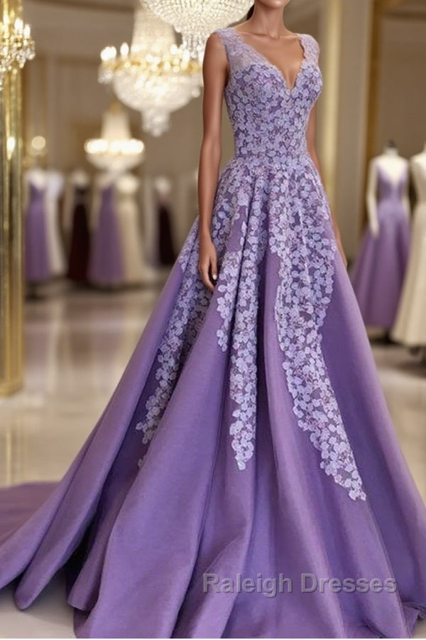 A Line V Neck Purple Long Prom Dresses with Lace Appliques, V Neck Purple Formal Evening Dresses