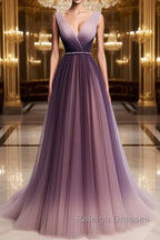A Line V Neck Purple Ombre Prom Dresses, V Neck Purple Ombre Formal Evening Bridesmaid Dresses