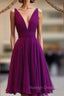 A Line V Neck Purple Sleeveless Chiffon Bridesmaid Dress Knee Length Homecoming Dresses